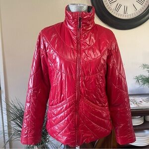ATHLETA Shiny Red Quilted Puffer Jacket Logo stitching on back